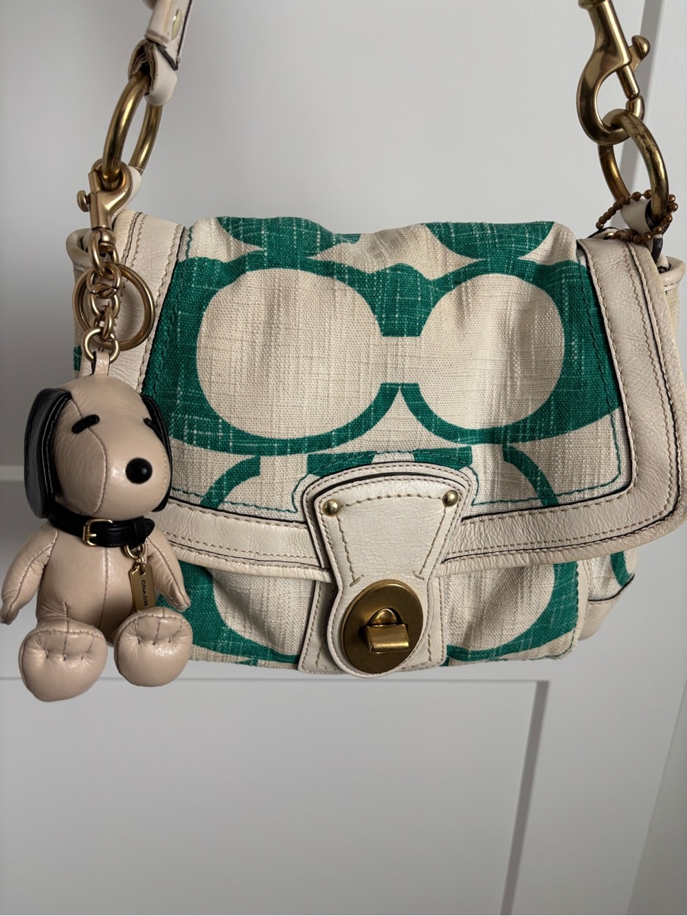 Ali Coach Legacy Cream Canvas Signature Saddle Bag with Green Logo Print